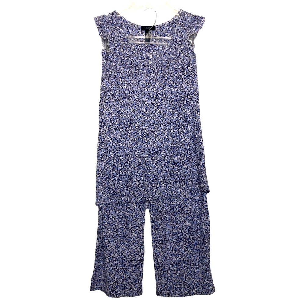 CHAPS Blue & White Calico Floral Print Short Sleeve Pajama PJ Set - Size Small